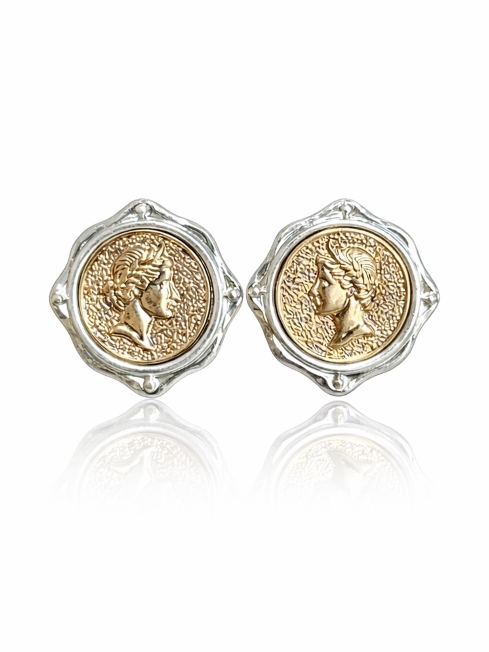 Gold and Silver Coin Profile Stud Earrings
